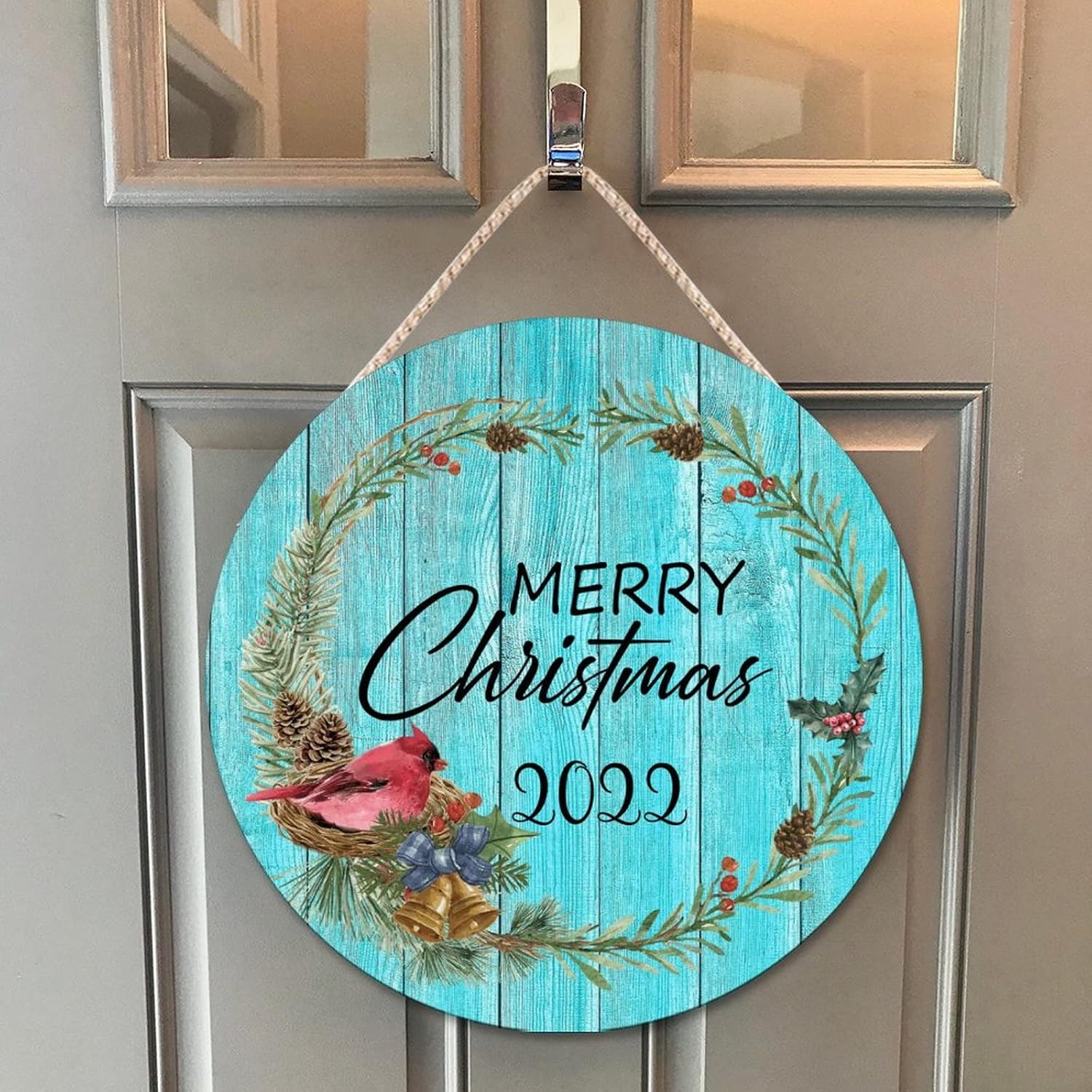 Farmhouse Door Hanger Red Bird Holly Berry Wreath 10x10in