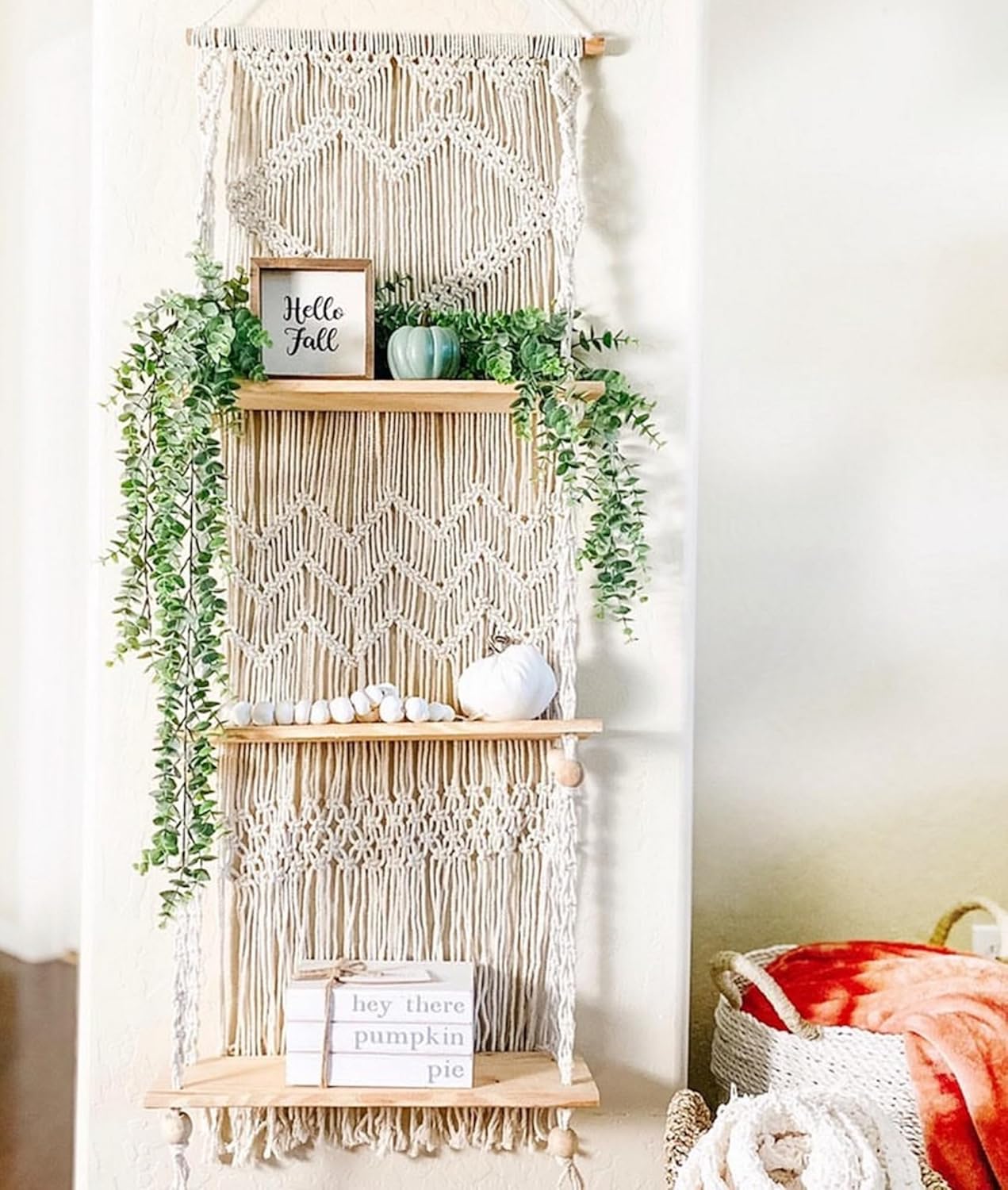SnugLife 3 Tier Macrame Wall Shelf - Floating Plant Hanger with Pine Wood