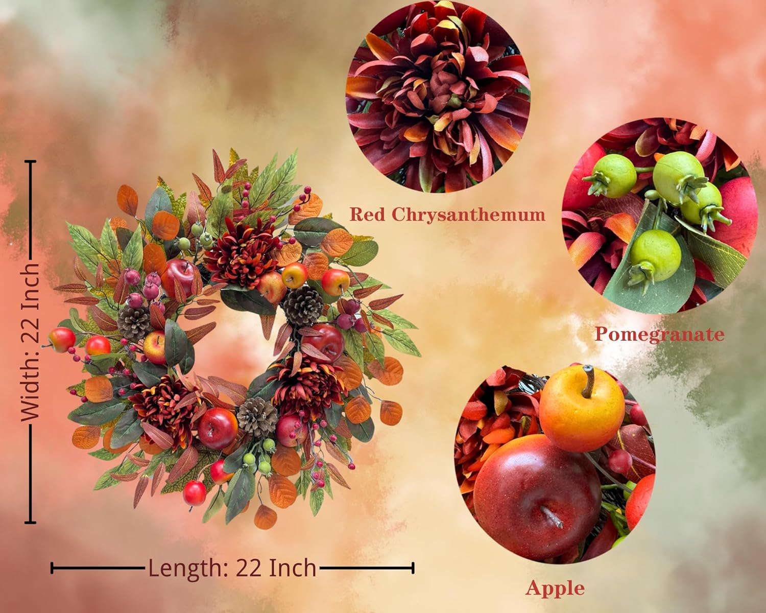 22 Inch Fall Chrysanthemum Wreath with Apples and Berries