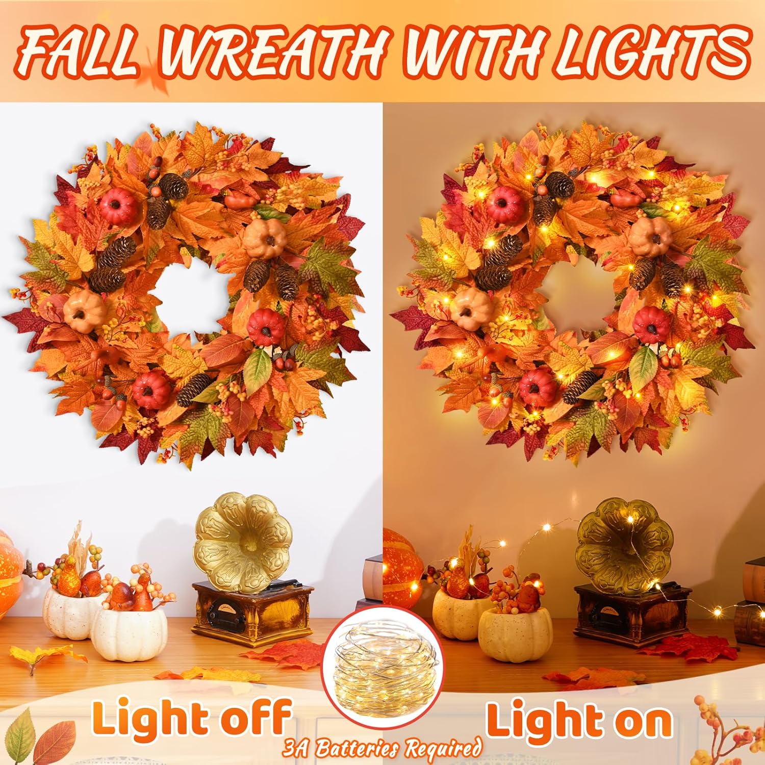22 Inch Fall Wreath with Pumpkins and Pinecones