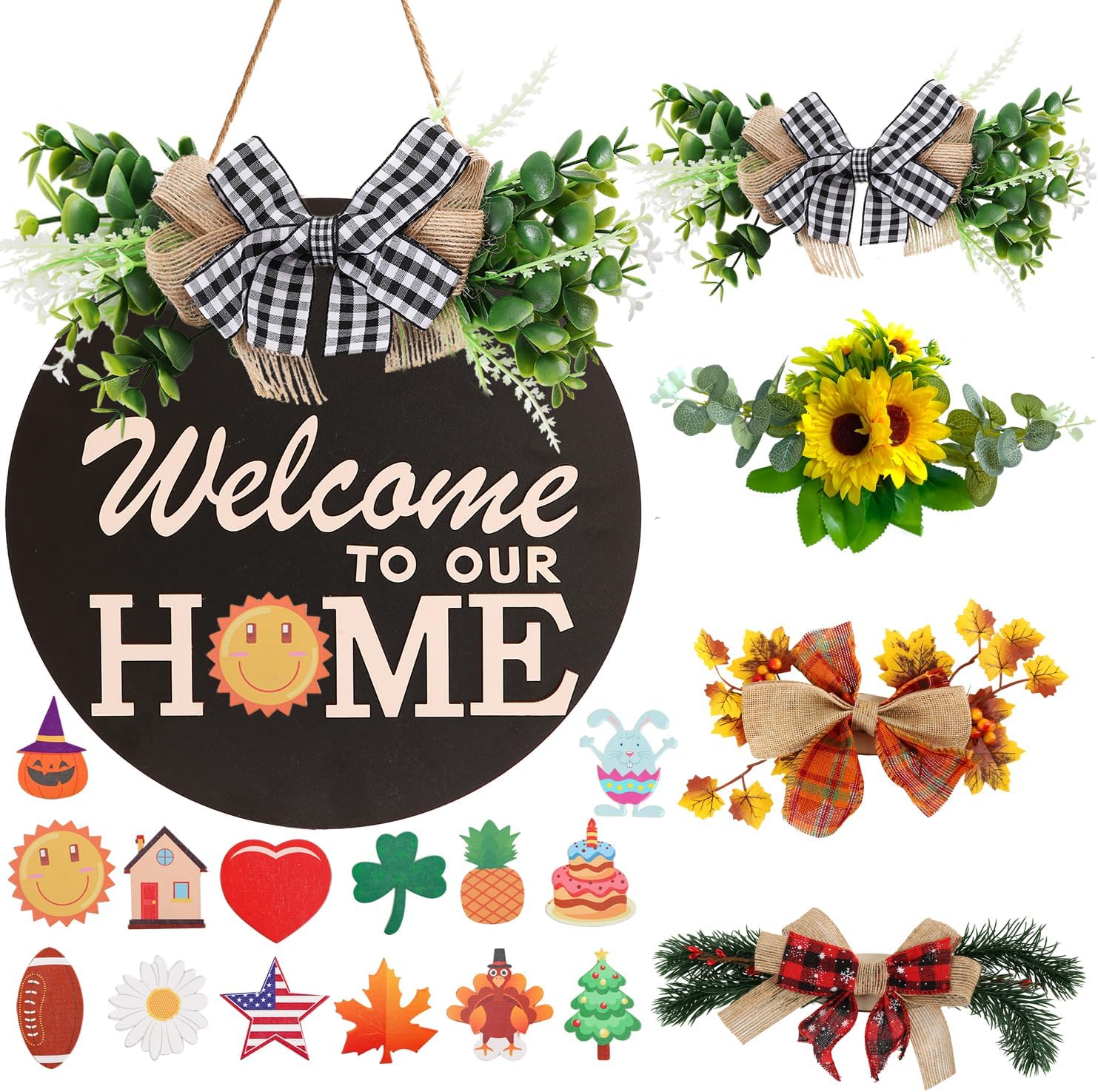 Interchangeable Welcome Sign with 4 Wreaths and 14 Holiday Icons