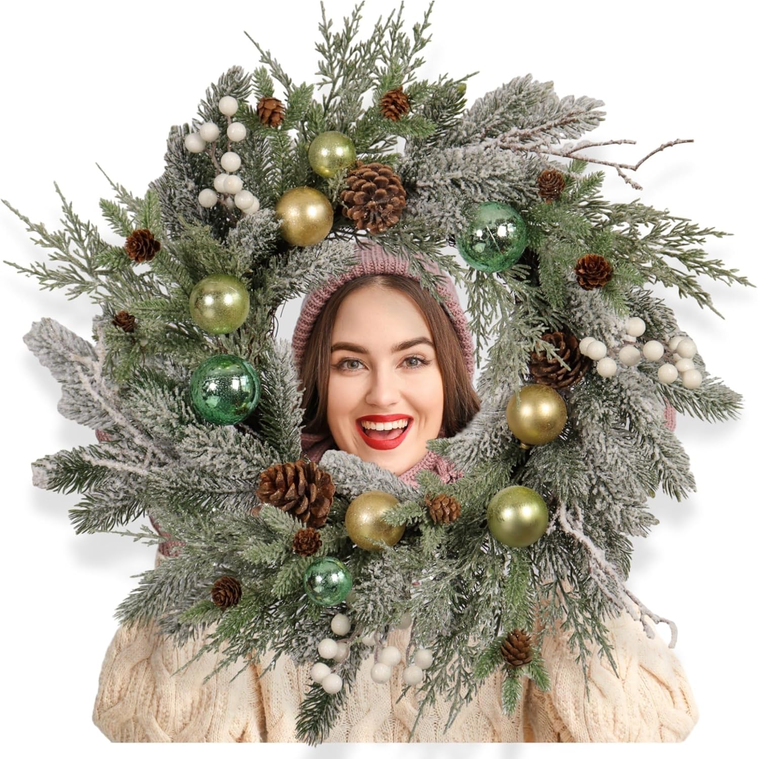 22-inch Snow Flocked Artificial Christmas Wreath with Gold Green Ornaments