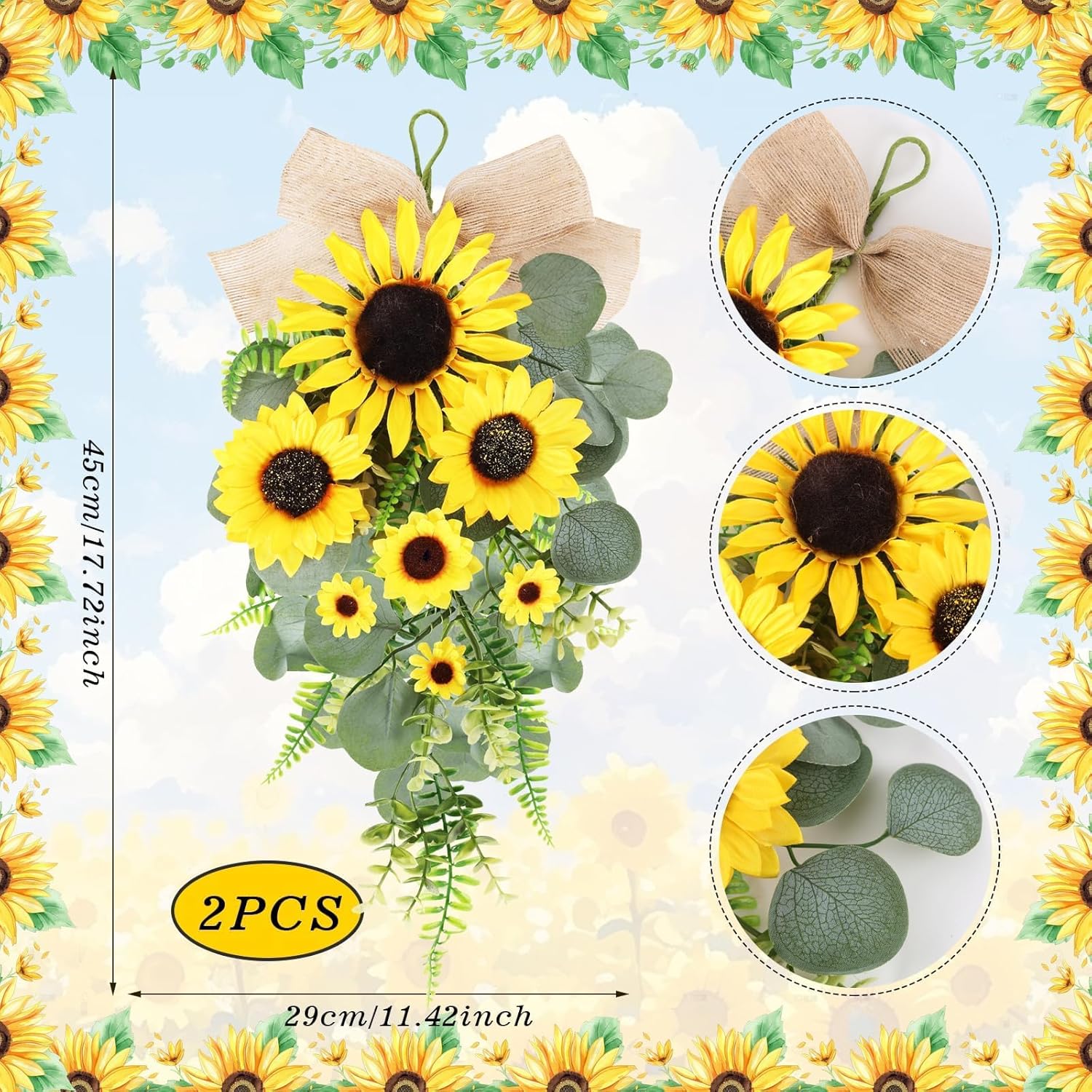 24 inch Artificial Sunflowers Teardrop Wreath with Burlap Bow