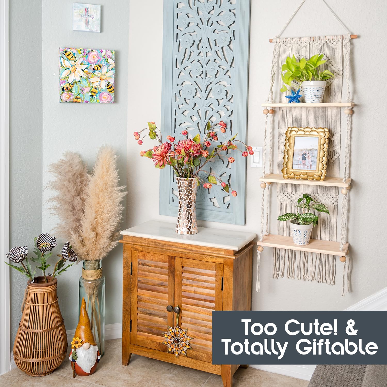 SnugLife 3 Tier Macrame Wall Shelf - Floating Plant Hanger with Pine Wood