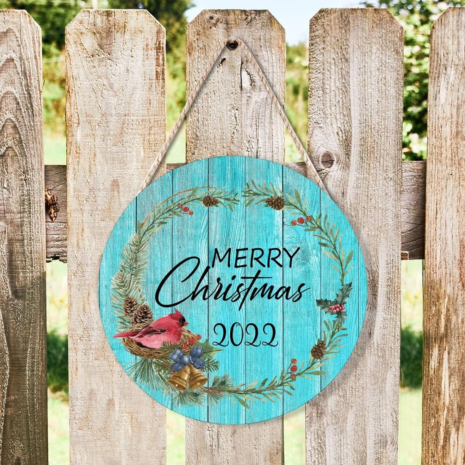 Farmhouse Door Hanger Red Bird Holly Berry Wreath 10x10in