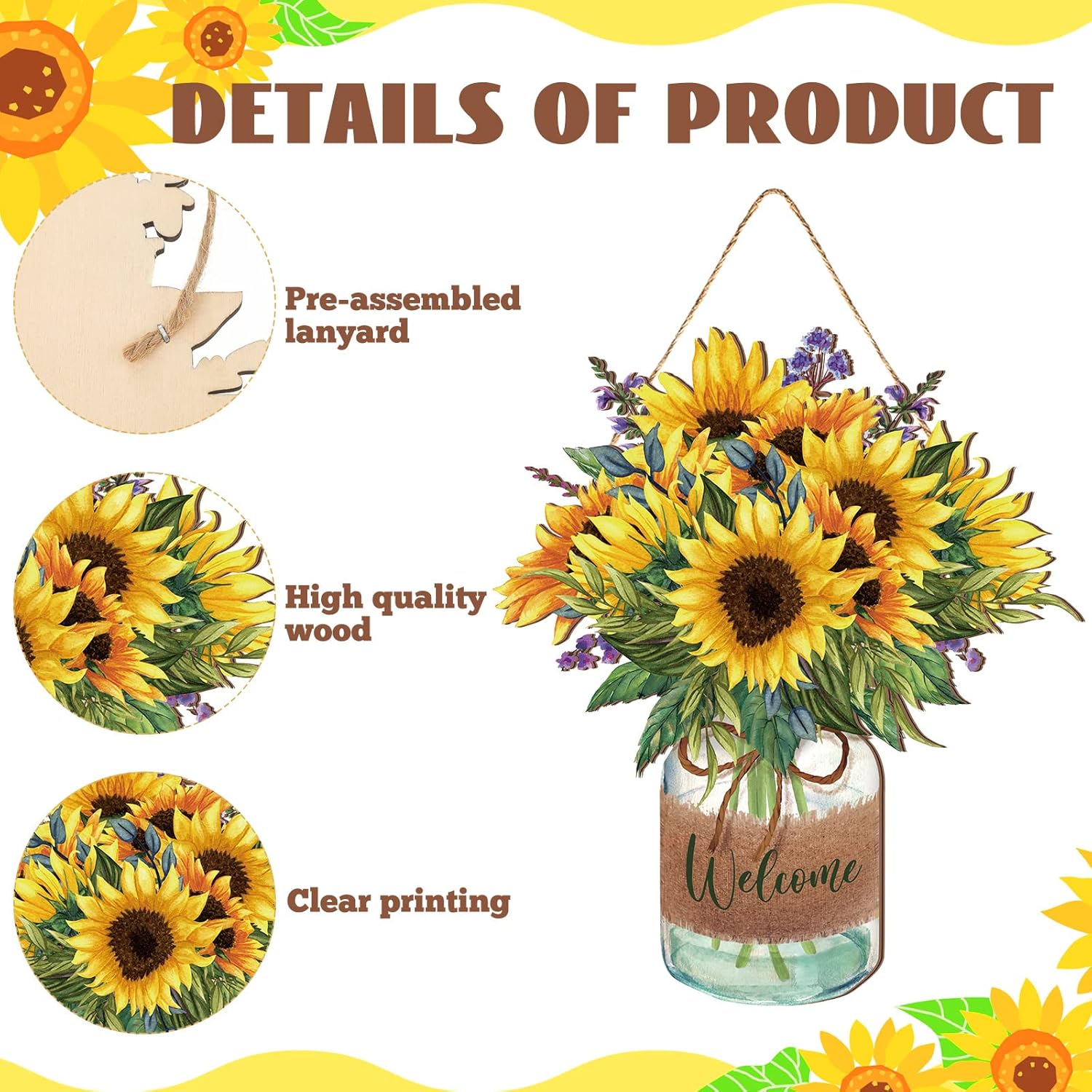 Shellwei Sunflower Welcome Door Sign Wooden Wreath