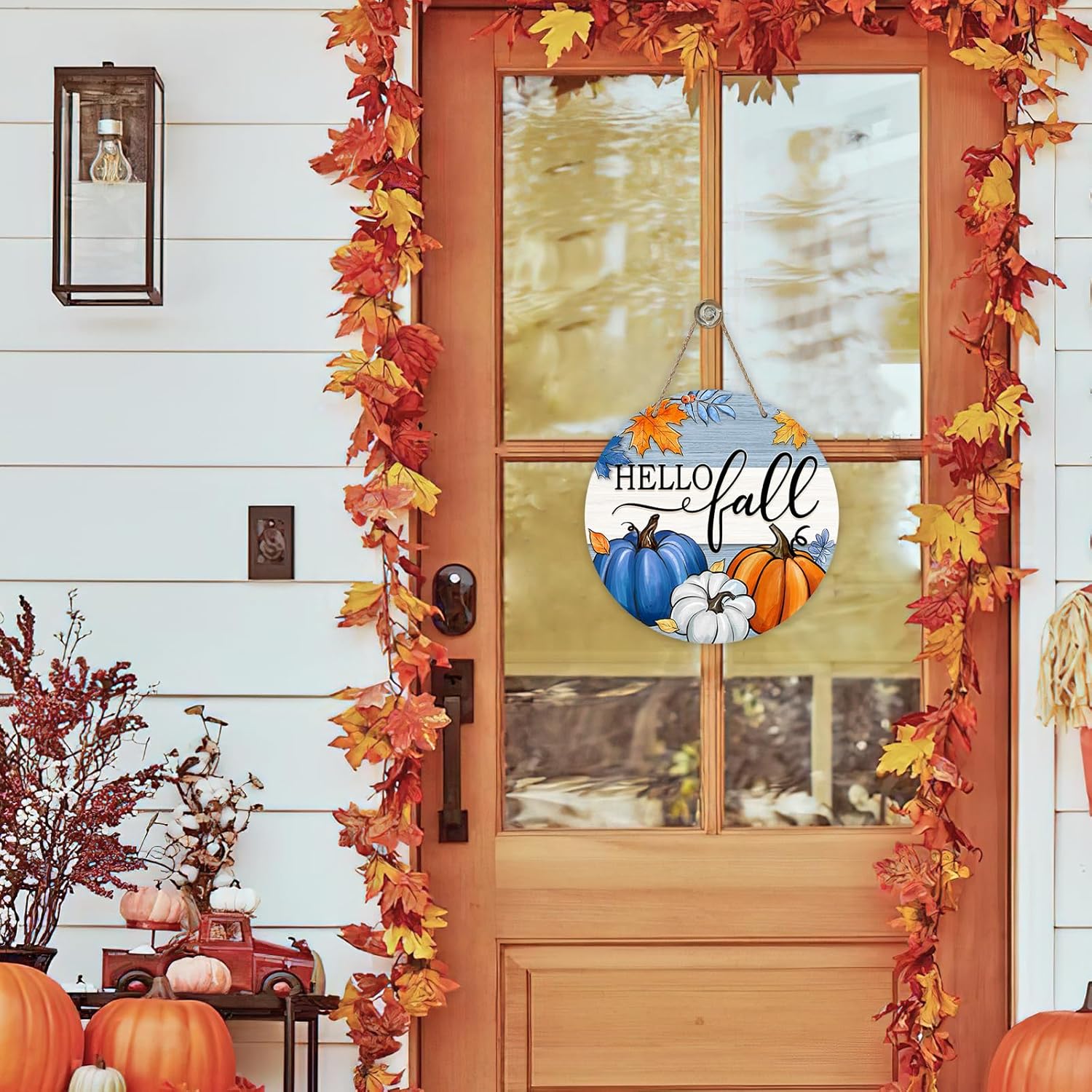 Deroro Fall Pumpkin Door Sign with Maple Leaves Stripes Wood Hanger