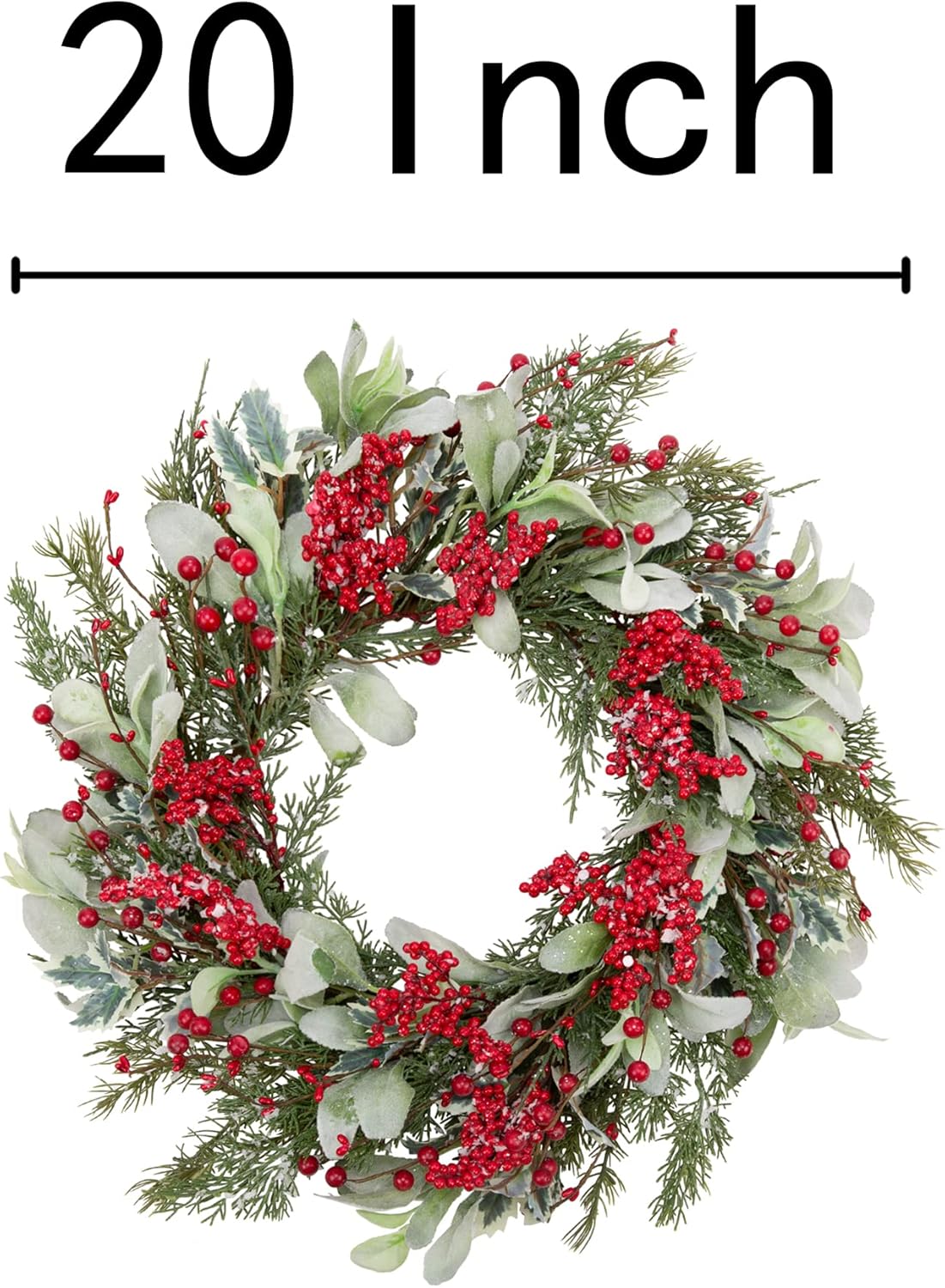20 Inch Artificial Christmas Wreath with Lambs Ear Leaves Snow and Red Berries