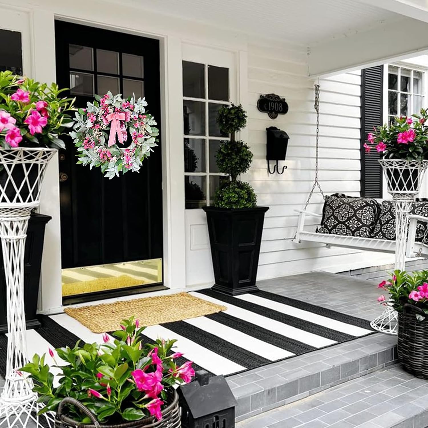 Romantic Lambs Ear Wreath for Front Door with Hot Pink Ribbon