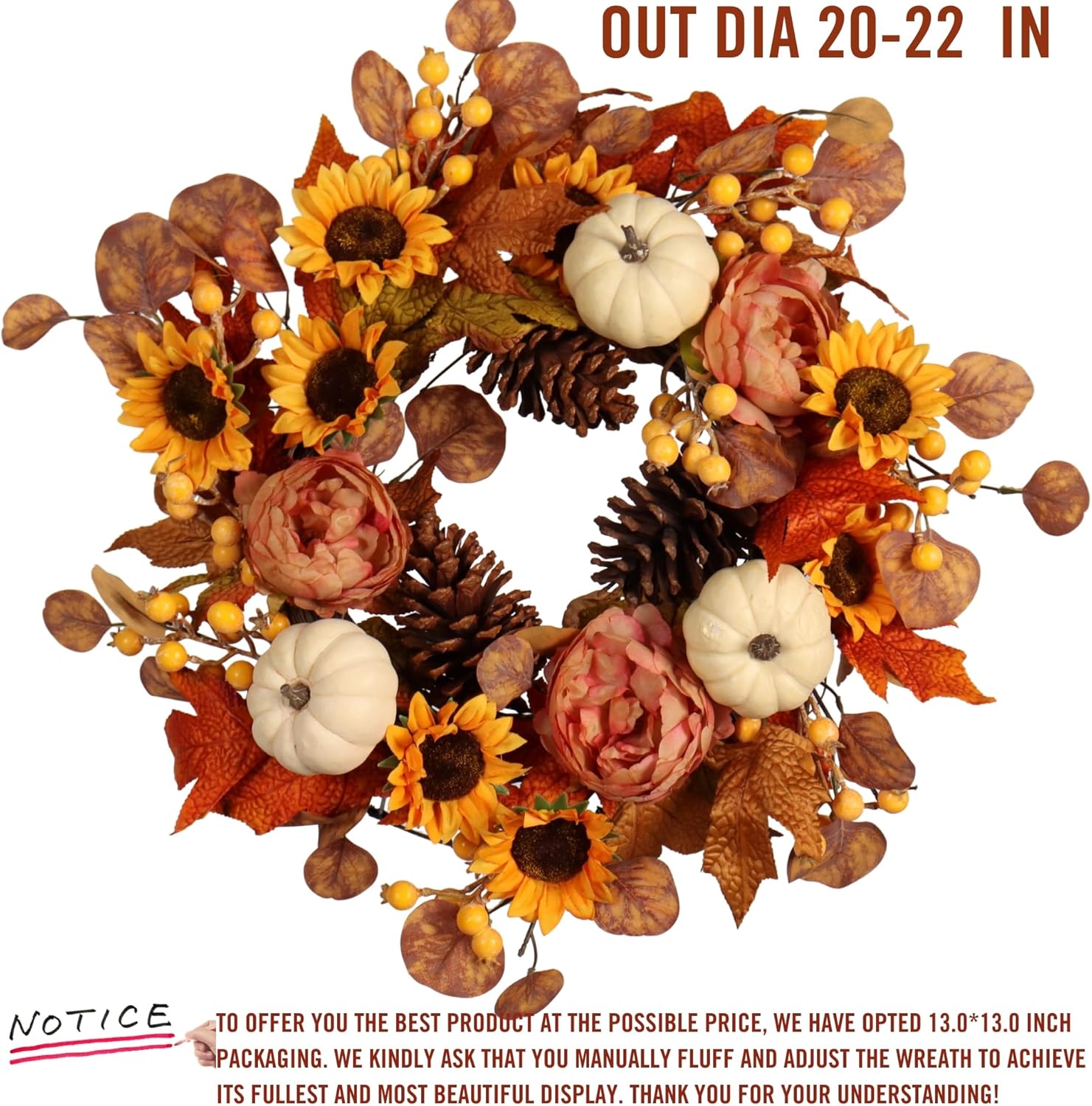 Pudate Artificial Fall Autumn Wreath 22 Inches