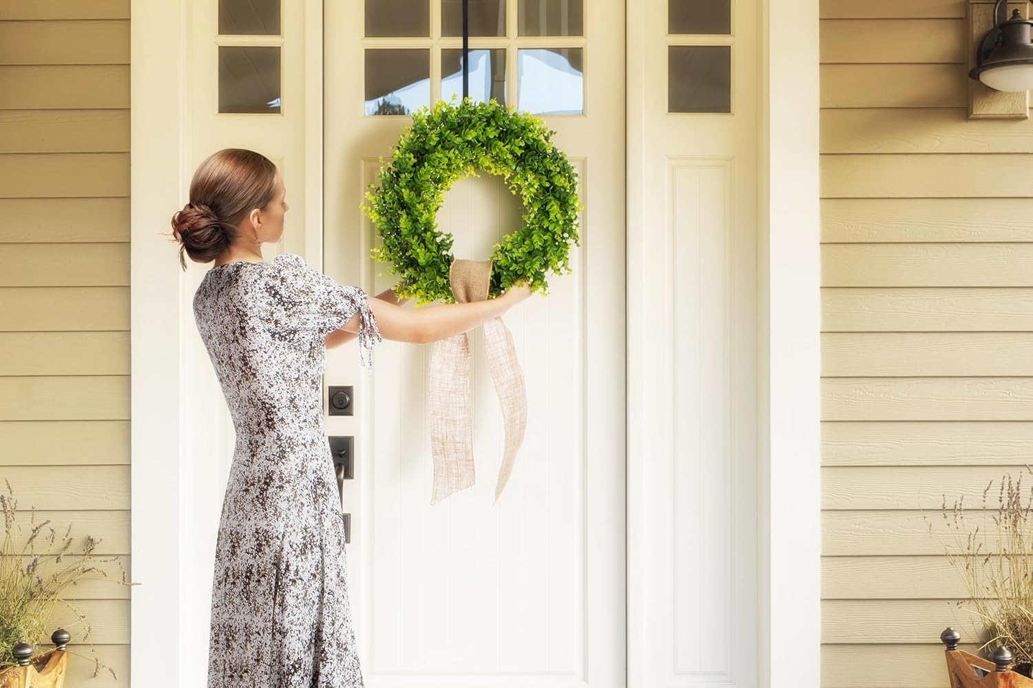 20 Inch Boxwood Wreath with Burlap Ribbon 1