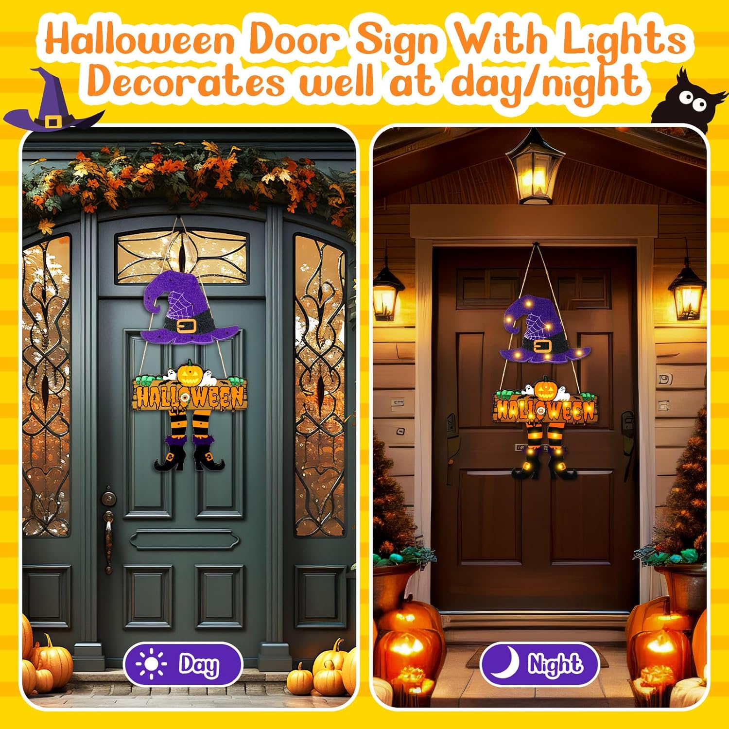 LED Halloween Witch Door Sign with Light Up Design