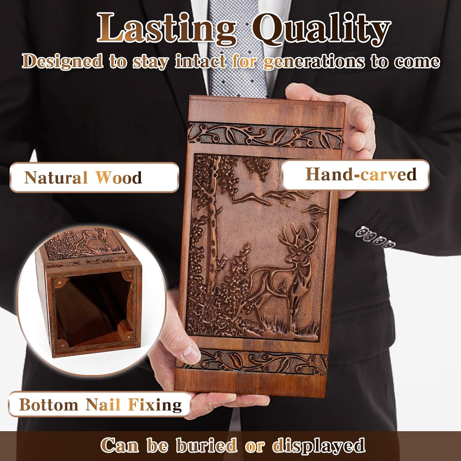 Wooden Cremation Urn with Engraved Deer Design