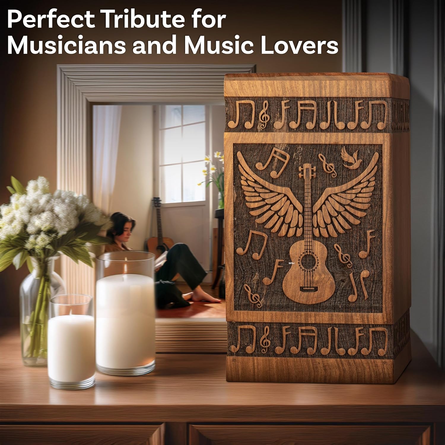 Handcrafted Wooden Cremation Urn with Angel Wings and Musical Notes