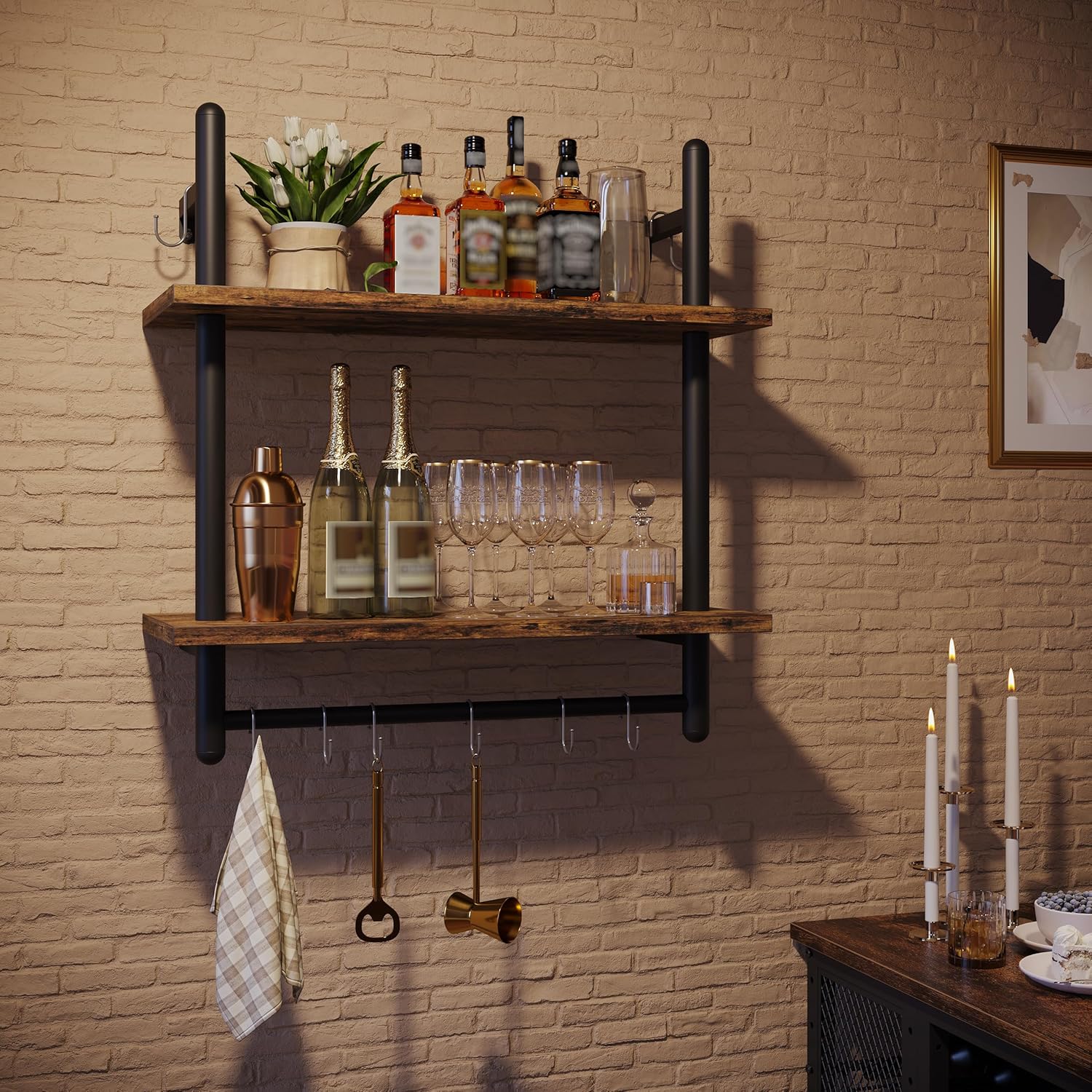 Bestier 24 Inch Floating Kitchen Shelves 2 Tier with 8 Hooks