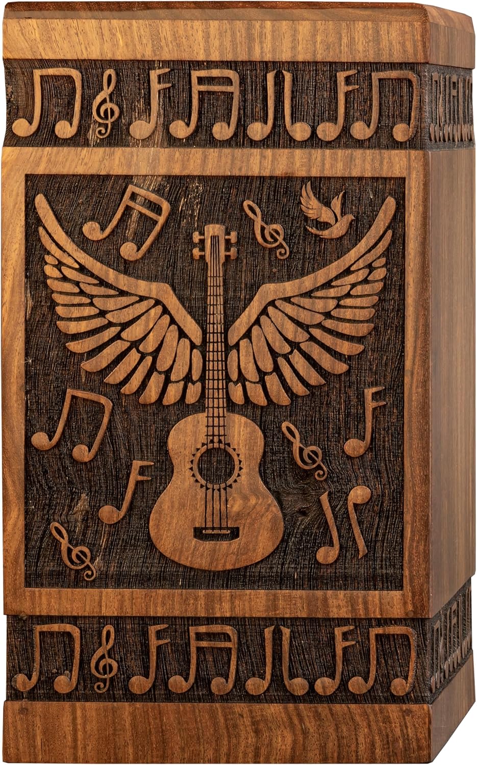 Handcrafted Wooden Cremation Urn with Angel Wings and Musical Notes