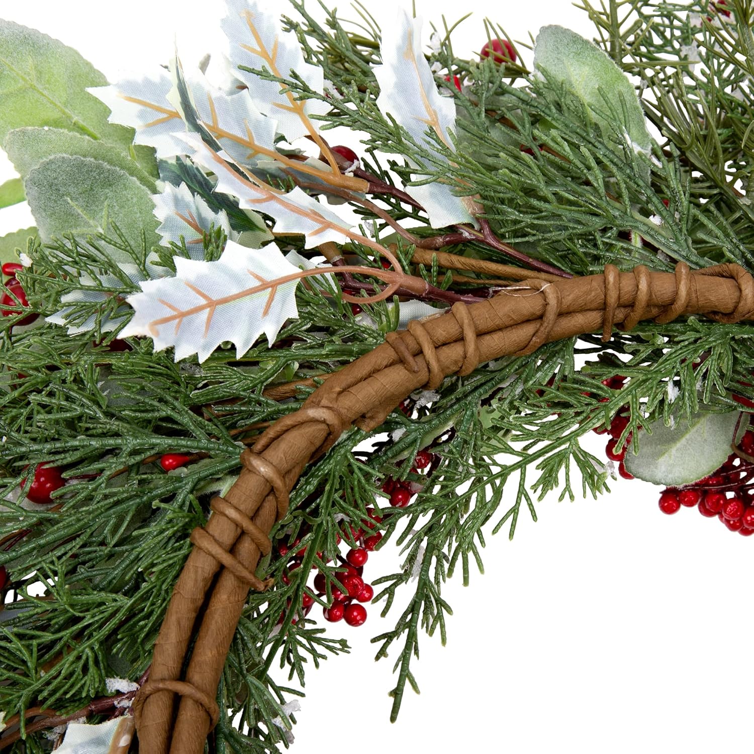 20 Inch Artificial Christmas Wreath with Lambs Ear Leaves Snow and Red Berries