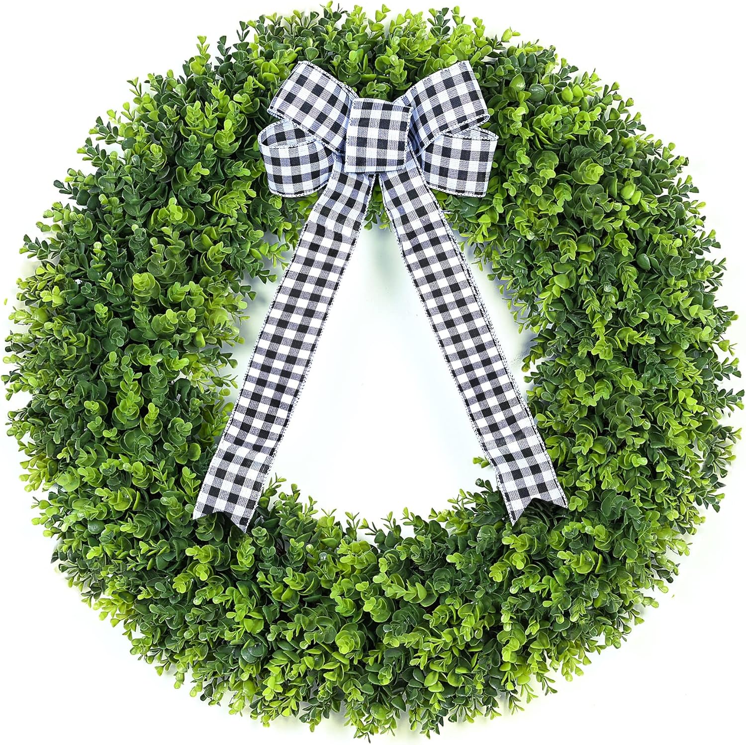 Vlorart 32 Inch Faux Boxwood Wreath with Plaid Bow