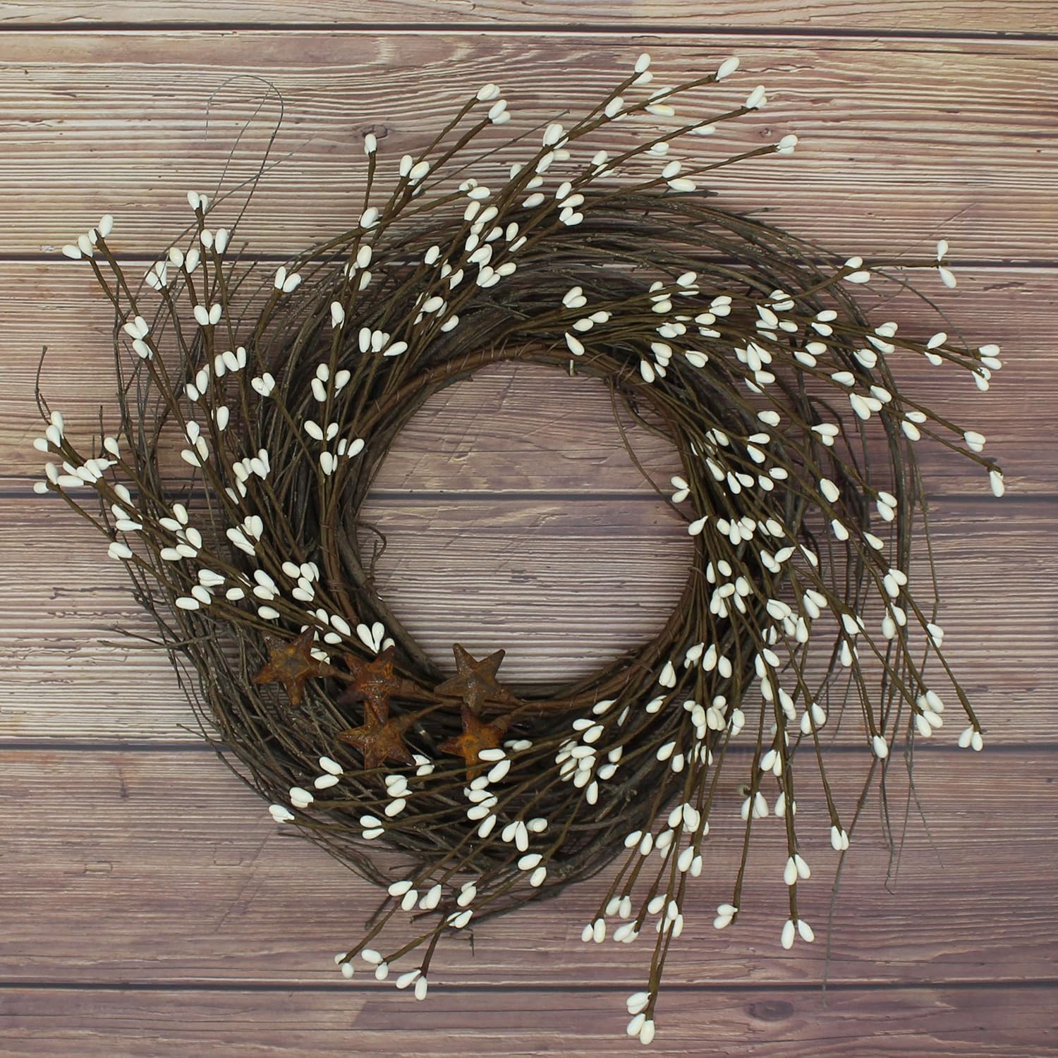 Primitives Rustic Wreath with Barn Stars and Berries 12 Inch Ivory