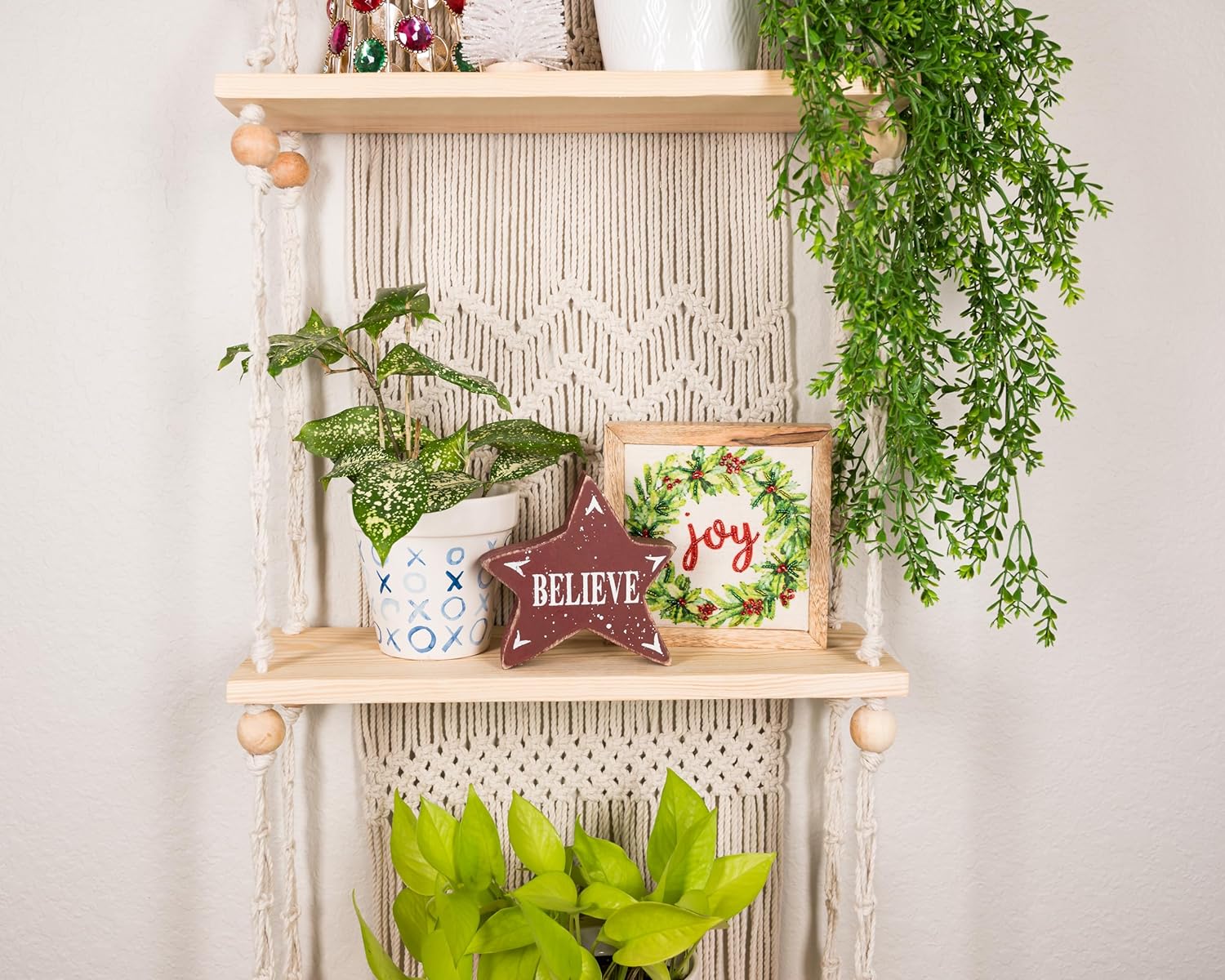 SnugLife 3 Tier Macrame Wall Shelf - Floating Plant Hanger with Pine Wood