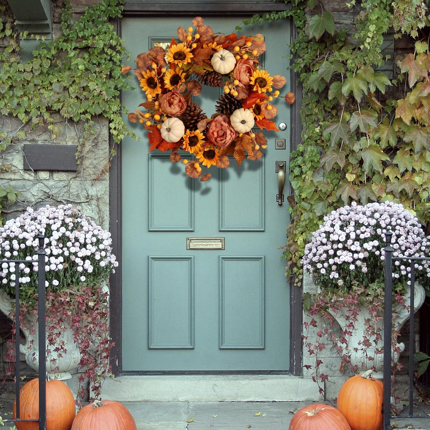 Pudate Artificial Fall Autumn Wreath 22 Inches