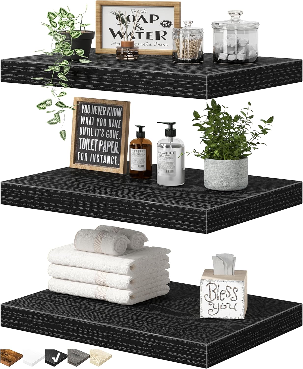 QEEIG 10 Inch Floating Shelves Set of 3 Black