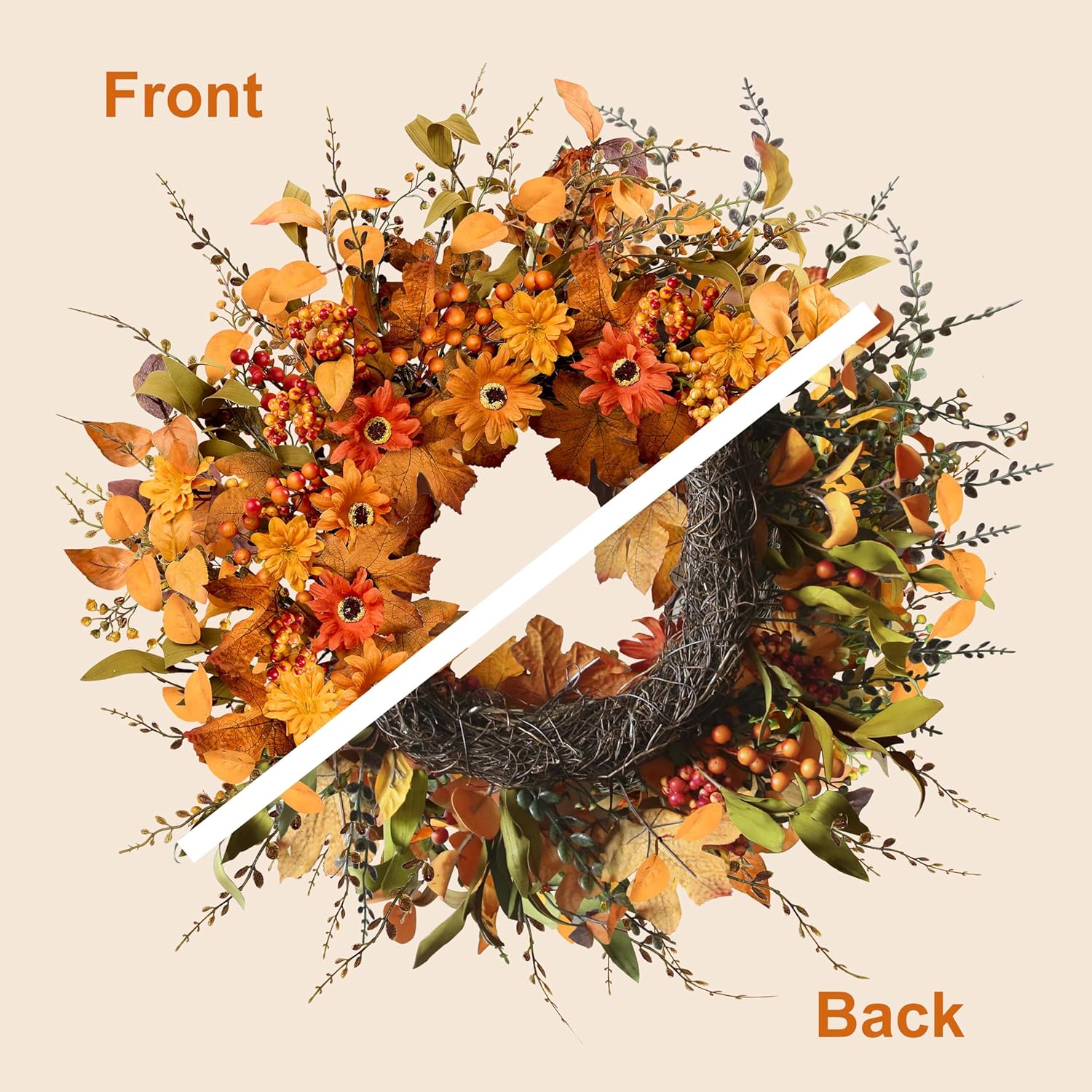 Artificial Fall Wreath 22 Inch Autumn Door Decor