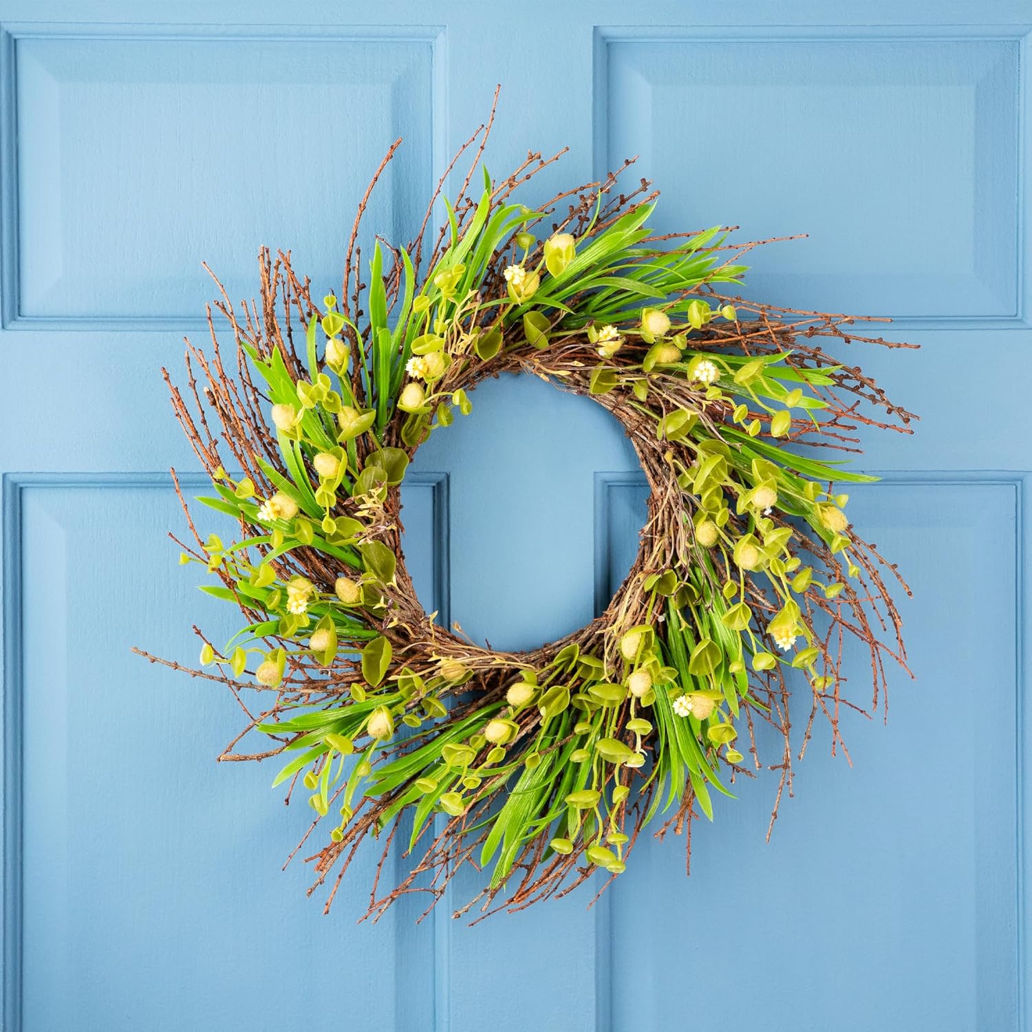 Northlight Budding Flowers Leaves Twigs Artificial Wreath 20 Inch Yellow