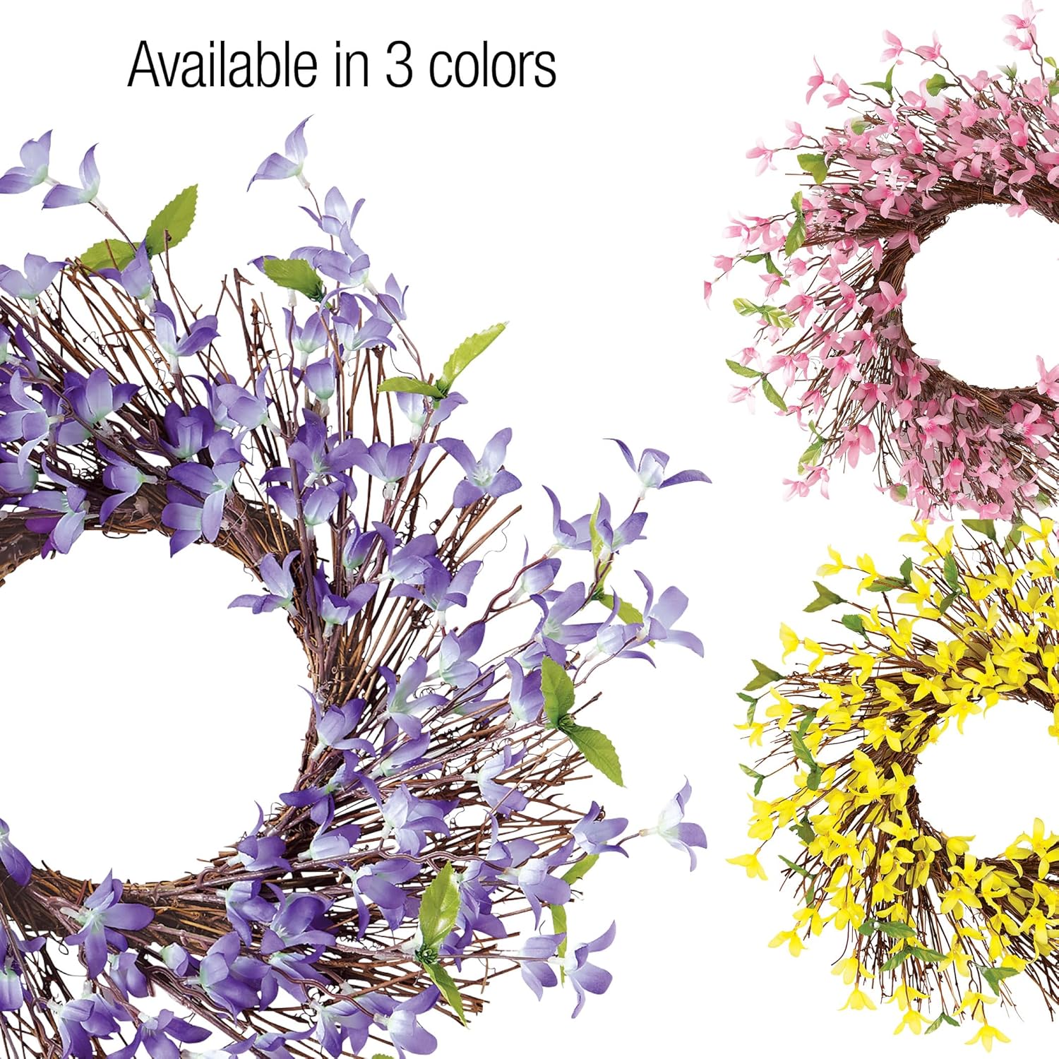 Collections Etc Spring Forsythia Floral Door Wreath in Pink