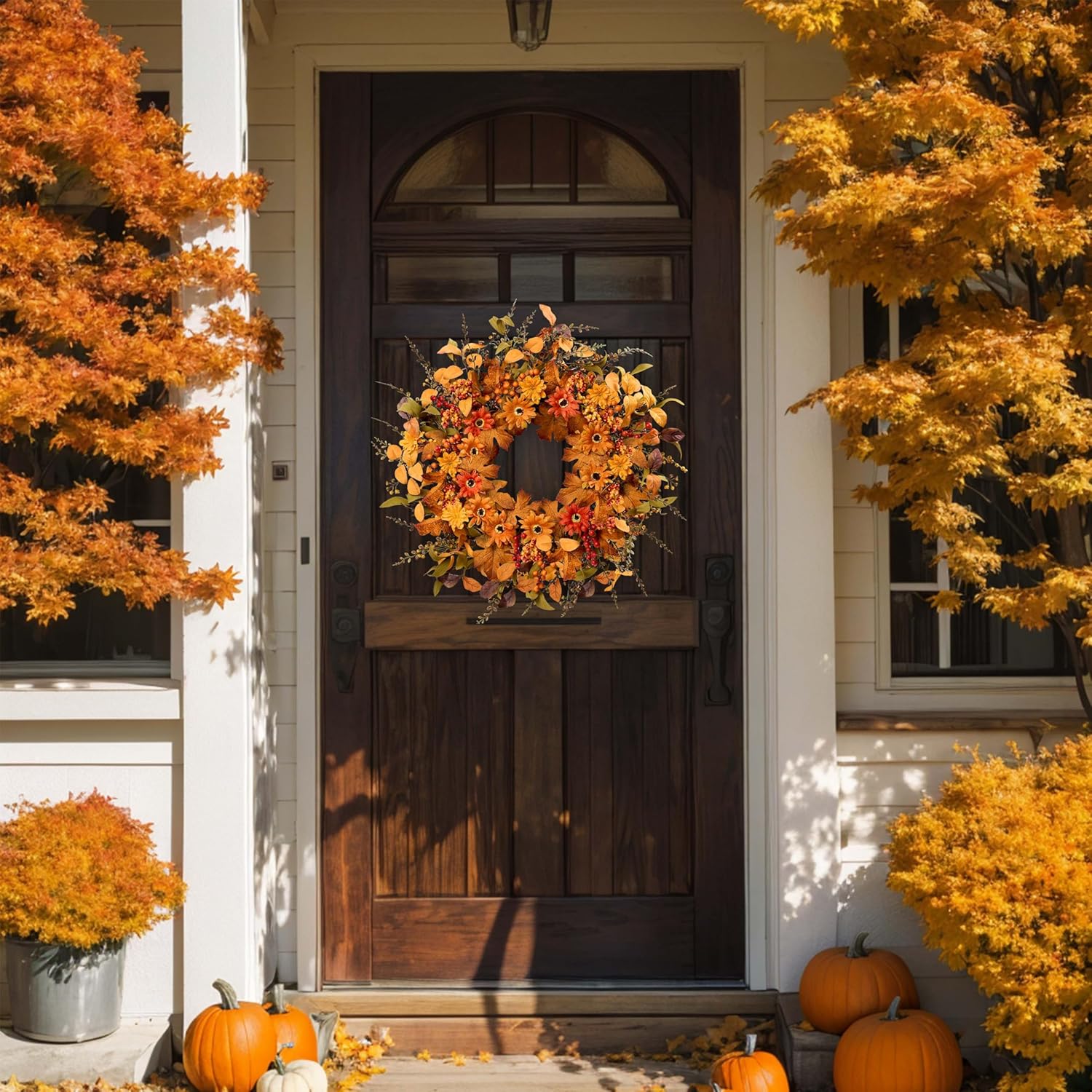 Artificial Fall Wreath 22 Inch Autumn Door Decor