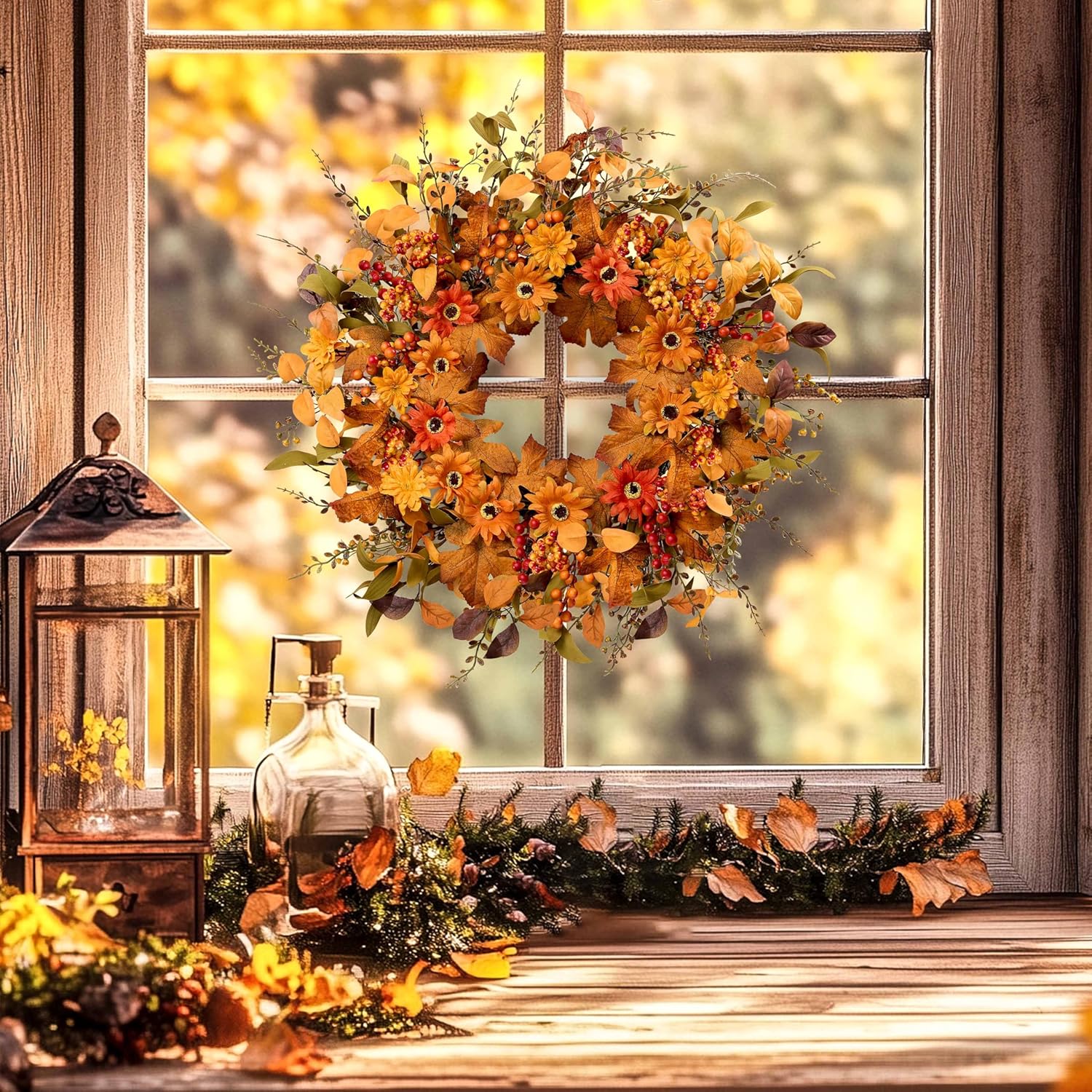 Artificial Fall Wreath 22 Inch Autumn Door Decor