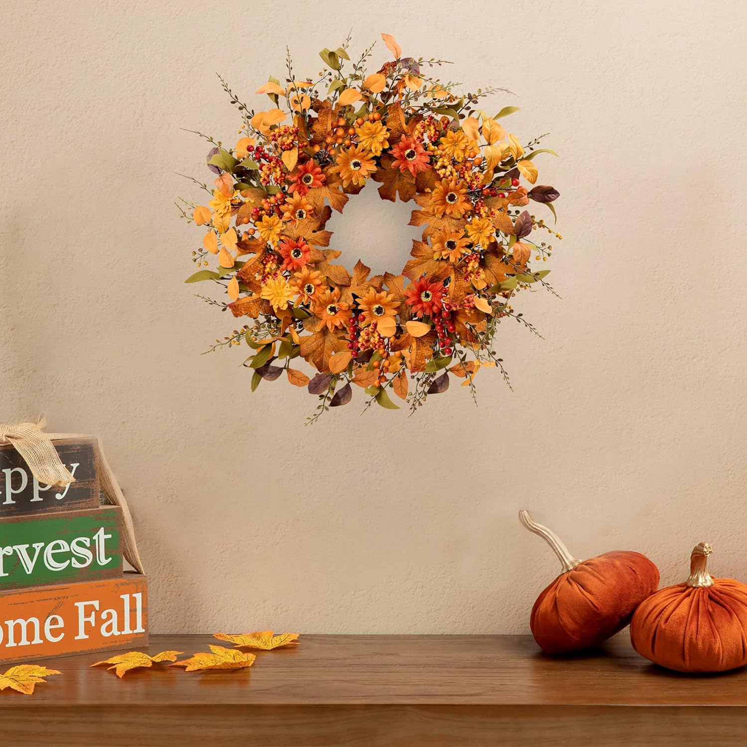 Artificial Fall Wreath 22 Inch Autumn Door Decor