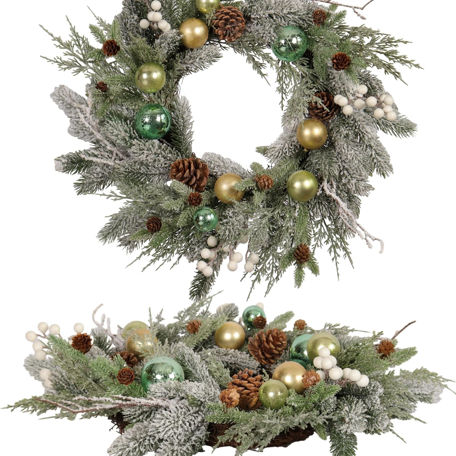 22-inch Snow Flocked Artificial Christmas Wreath with Gold Green Ornaments