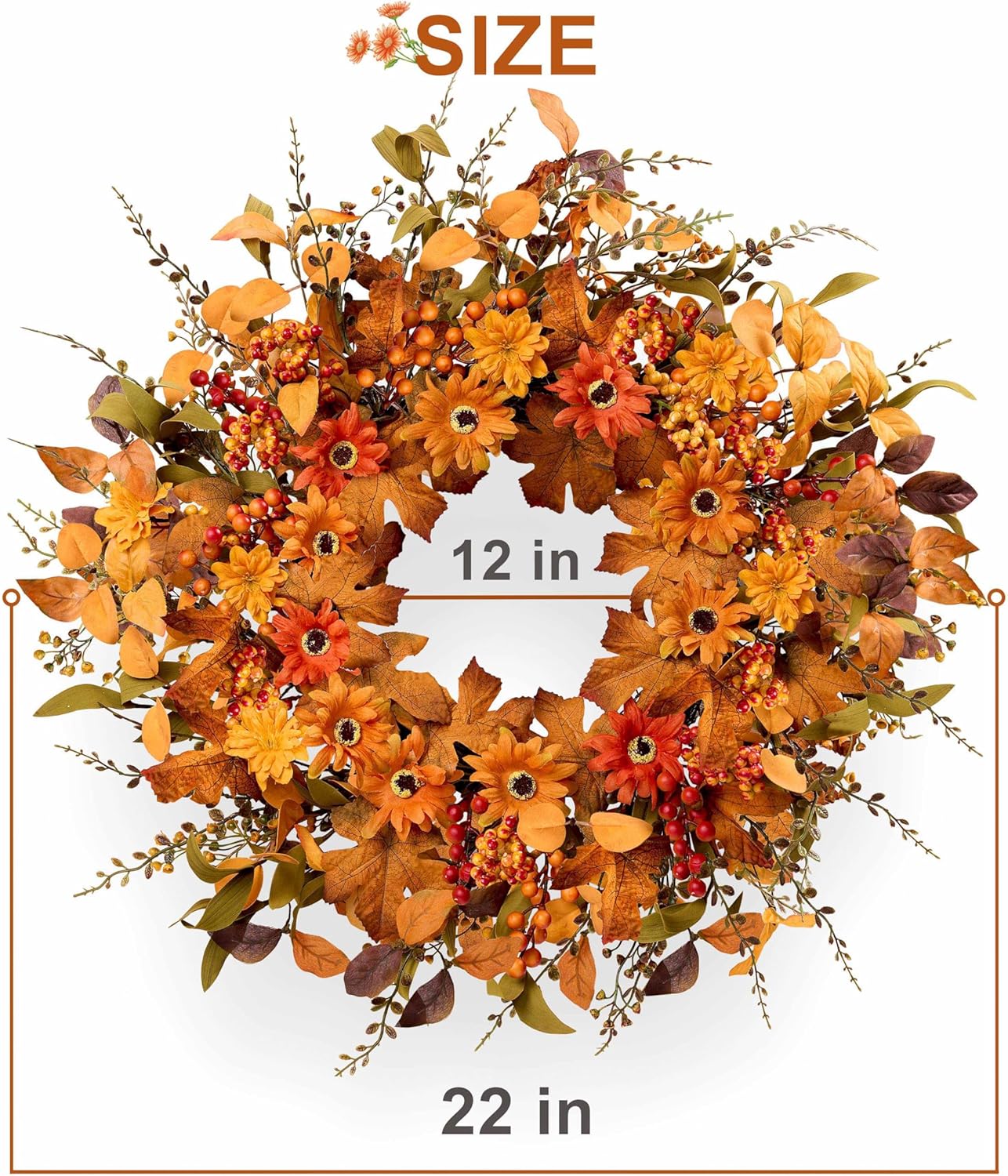 Artificial Fall Wreath 22 Inch Autumn Door Decor