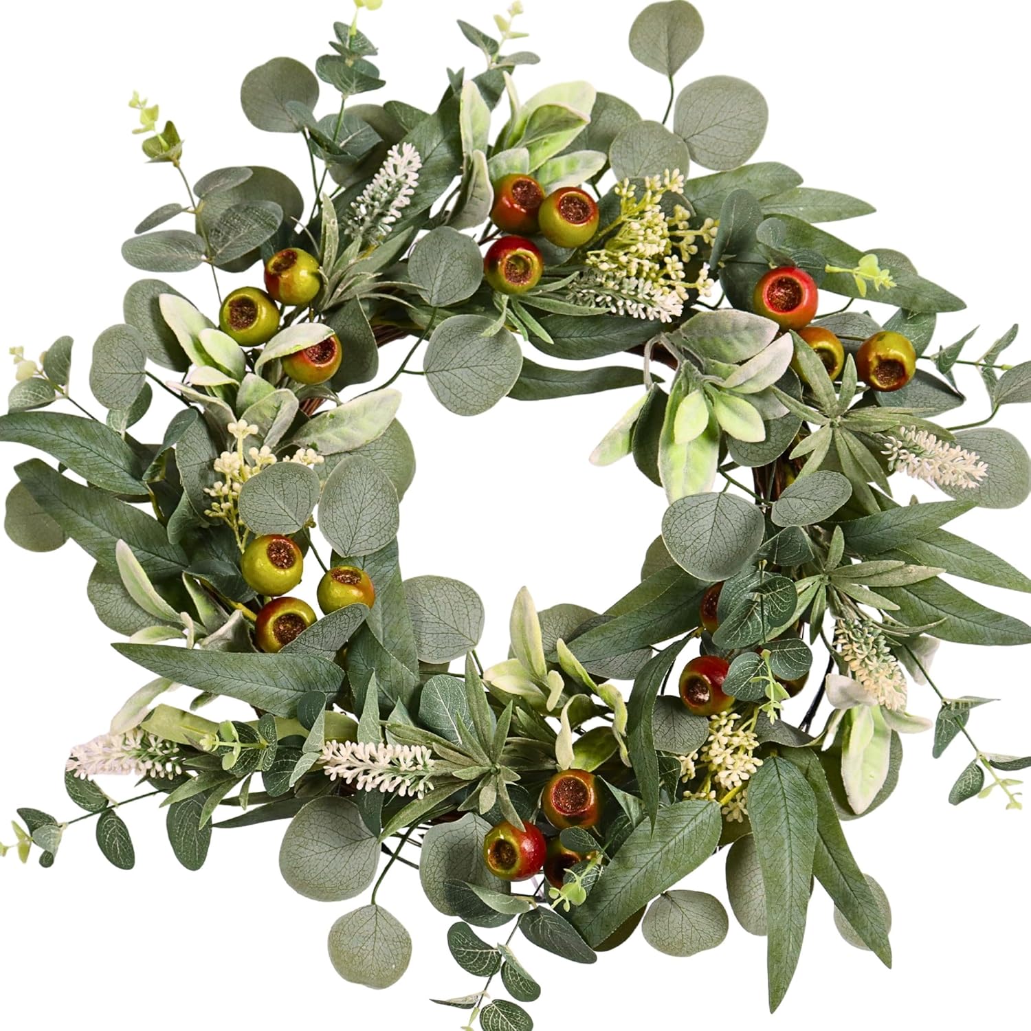 22 Inch Eucalyptus Berry Wreath with Realistic Lambs Ear Leaves