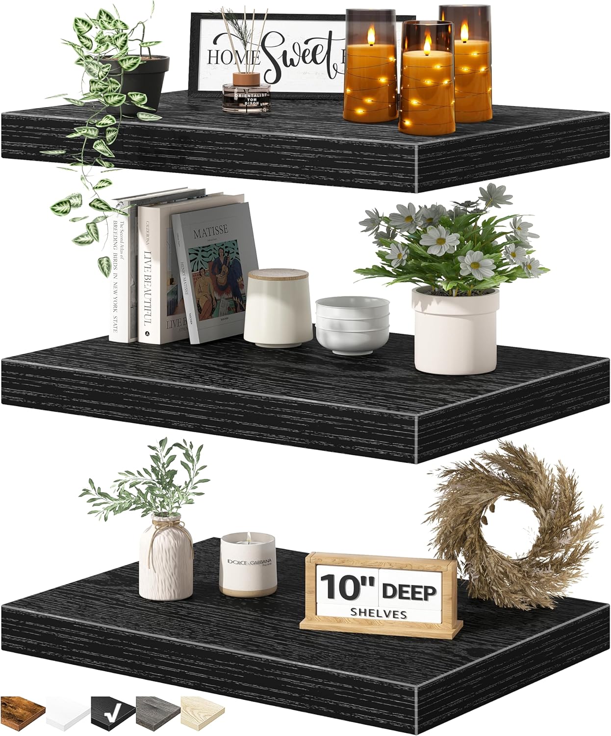 QEEIG 10 Inch Floating Shelves Set of 3 Black