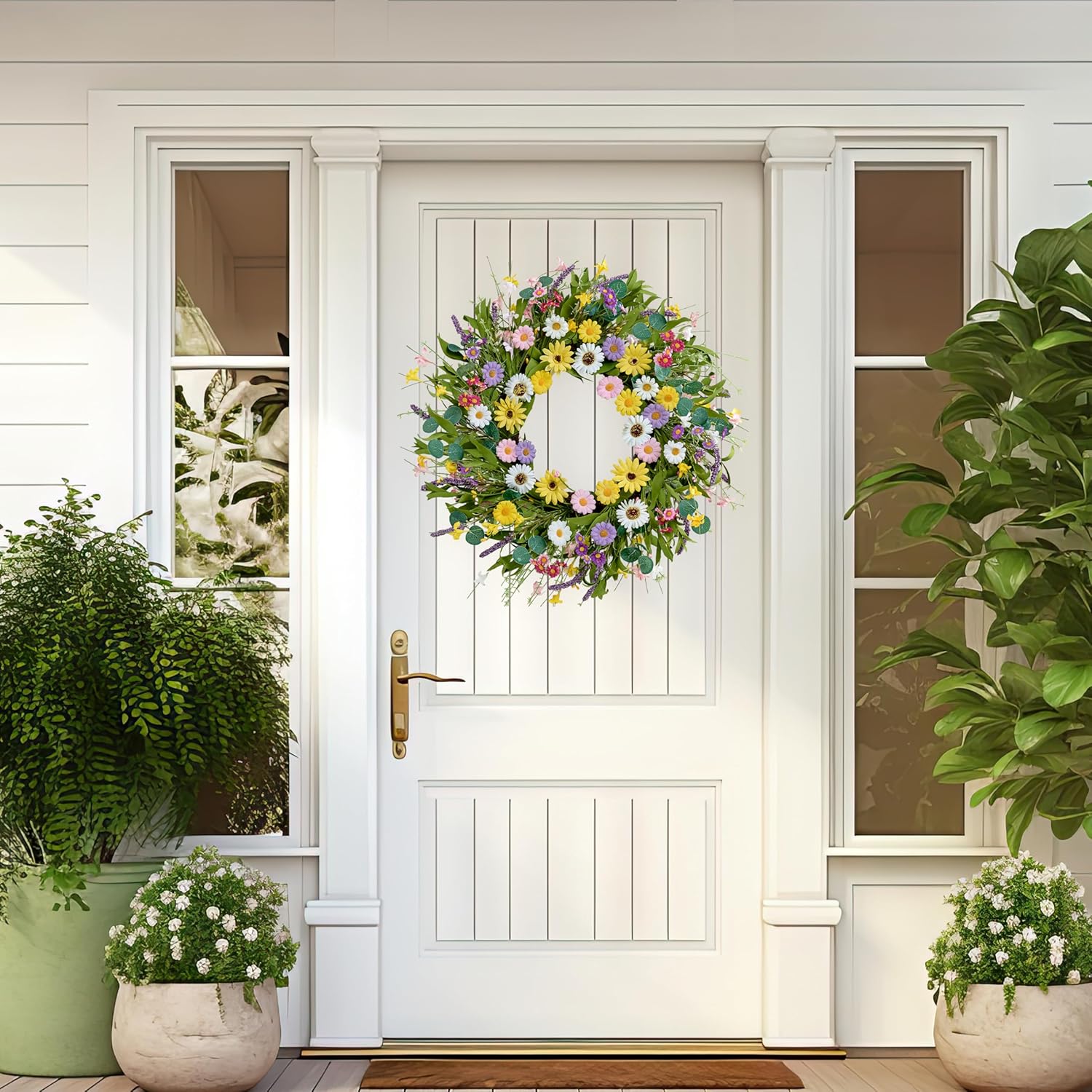 22 Inch Artificial Spring Wreath with Yellow Daisies and Green Eucalyptus Leaves