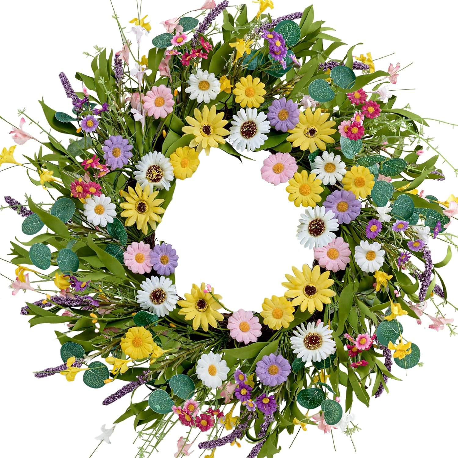 22 Inch Artificial Spring Wreath with Yellow Daisies and Green Eucalyptus Leaves