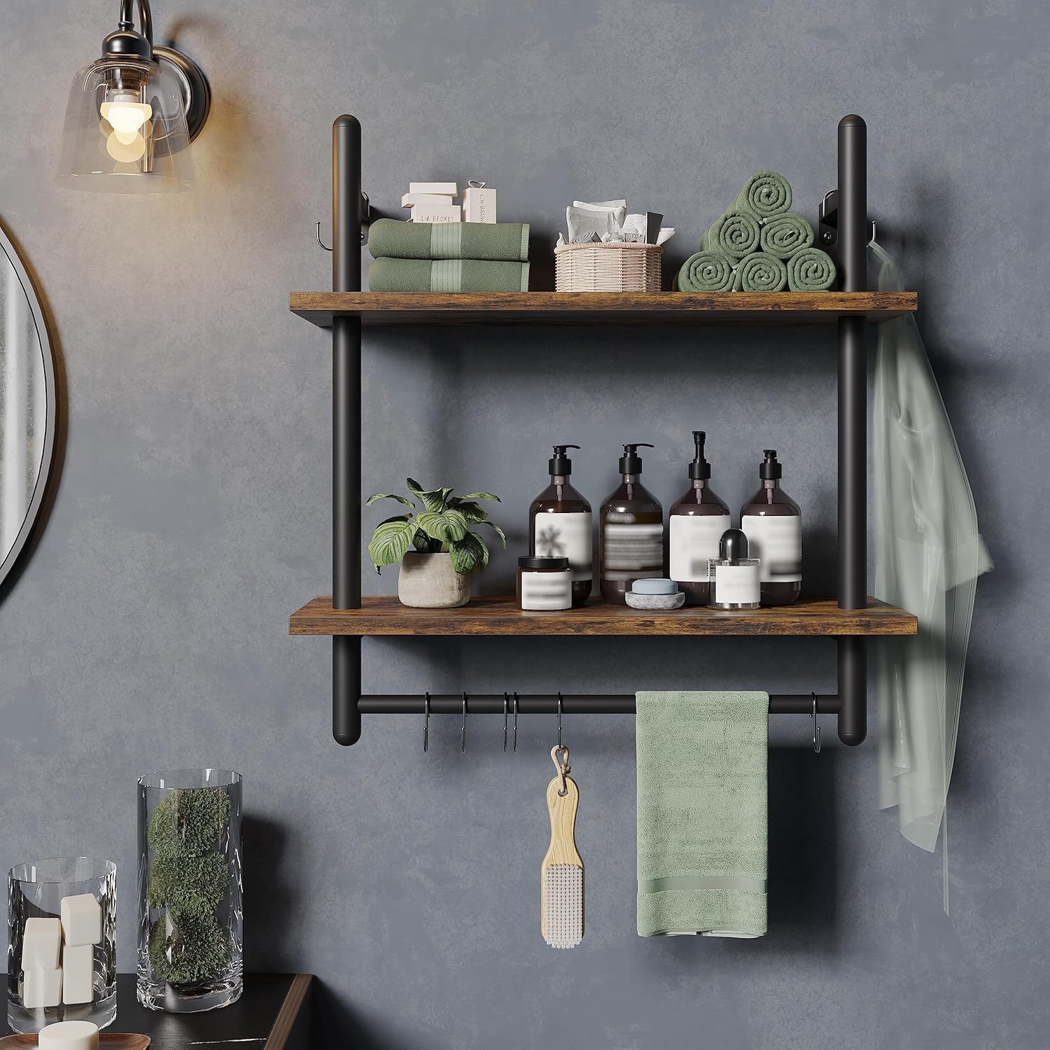Bestier 24 Inch Floating Kitchen Shelves 2 Tier with 8 Hooks