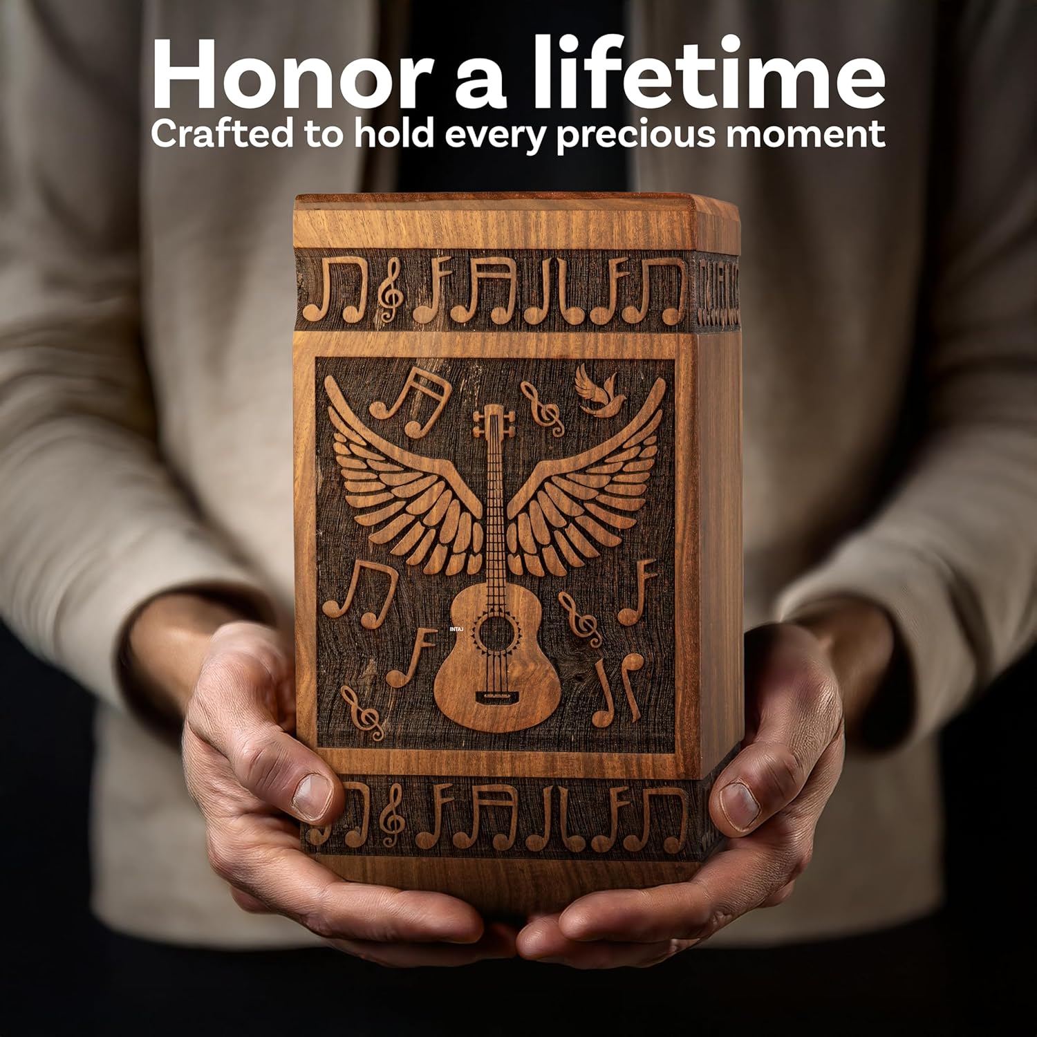 Handcrafted Wooden Cremation Urn with Angel Wings and Musical Notes