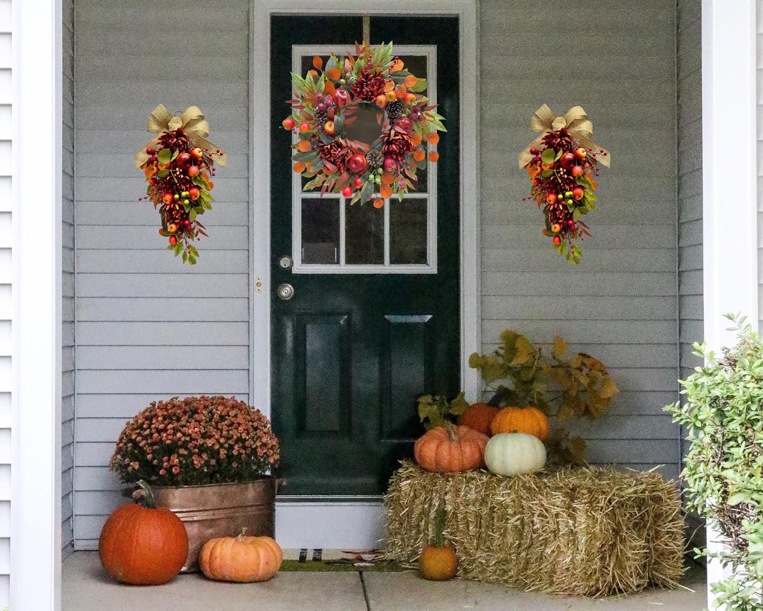 22 Inch Fall Chrysanthemum Wreath with Apples and Berries