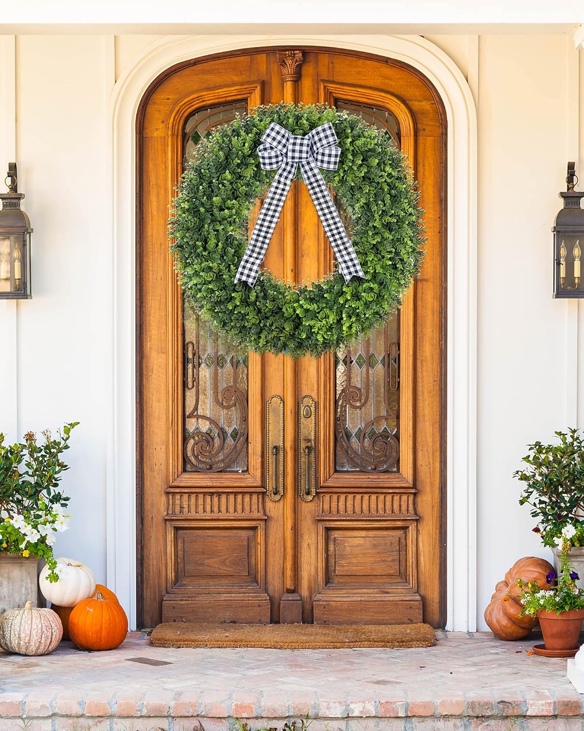 Vlorart 32 Inch Faux Boxwood Wreath with Plaid Bow