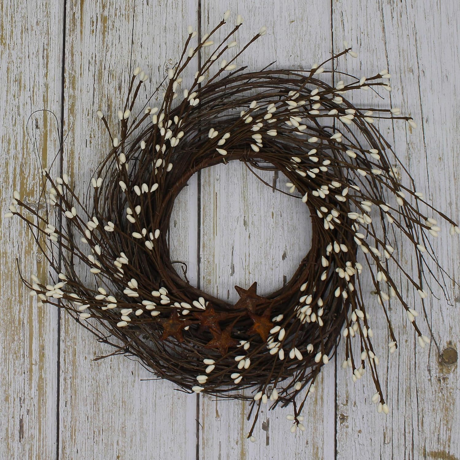 Primitives Rustic Wreath with Barn Stars and Berries 12 Inch Ivory